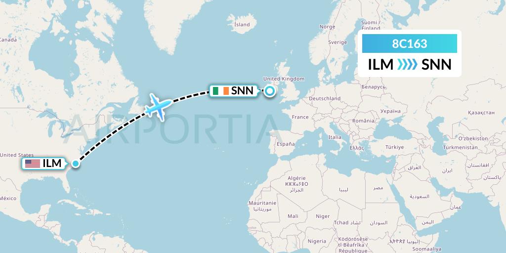 8C163 Air Transport International Flight Map: Wilmington to Shannon