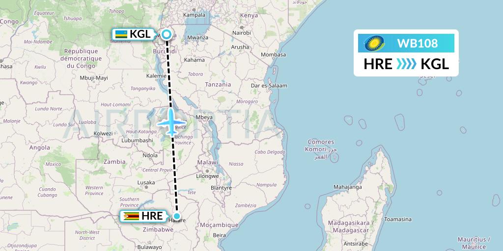WB108 RwandAir Flight Map: Harare to Kigali