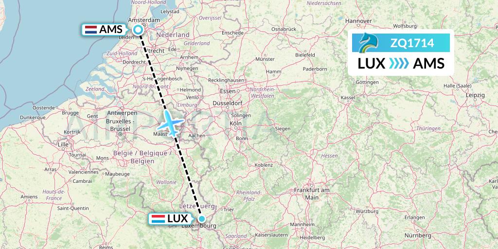 ZQ1714 Azman Air Flight Map: Luxembourg to Amsterdam