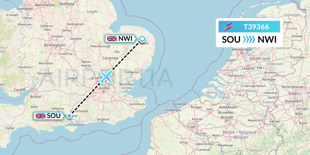 T39366 Eastern Airways Flight Map: Southampton to Norwich