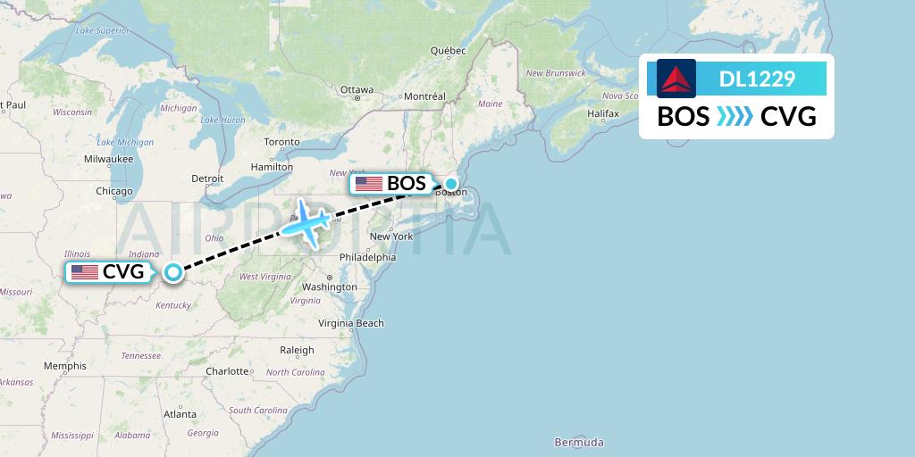 DL1229 Delta Air Lines Flight Map: Boston to Cincinnati