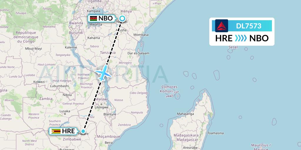 DL7573 Delta Air Lines Flight Map: Harare to Nairobi