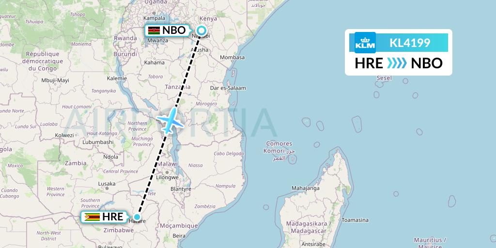 KL4199 KLM Flight Map: Harare to Nairobi