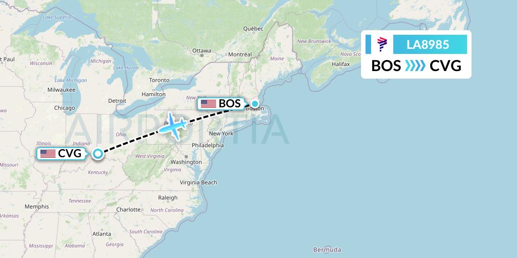 LA8985 LAN Airlines Flight Map: Boston to Cincinnati