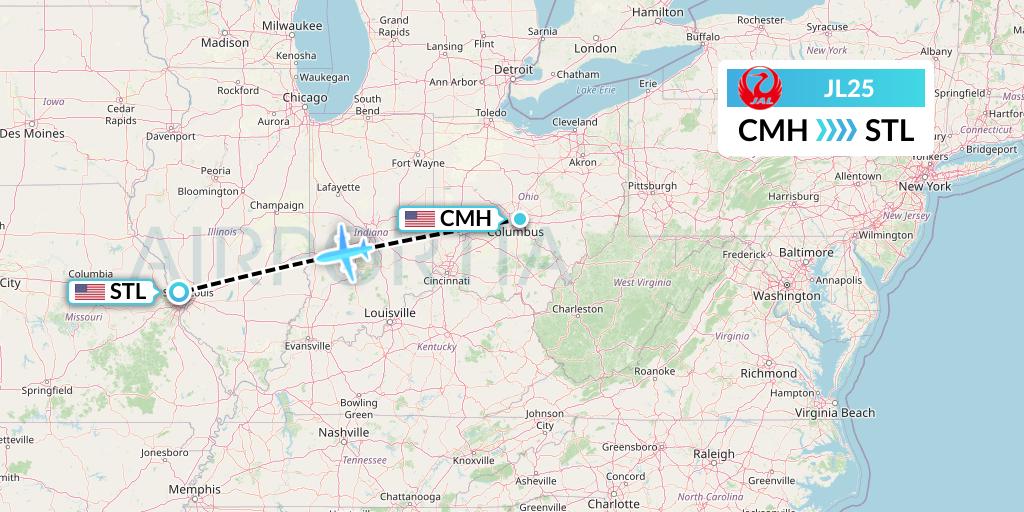 JL25 Japan Airlines Flight Map: Columbus to St. Louis
