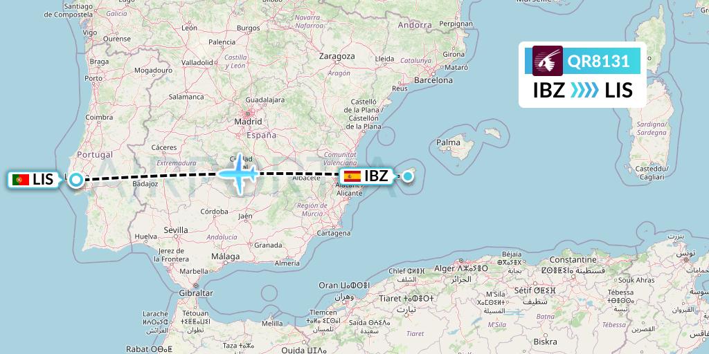 QR8131 Qatar Airways Flight Map: Ibiza to Lisbon