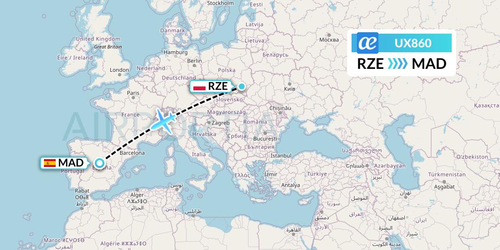 UX860 Air Europa Flight Map: Rzeszow to Madrid