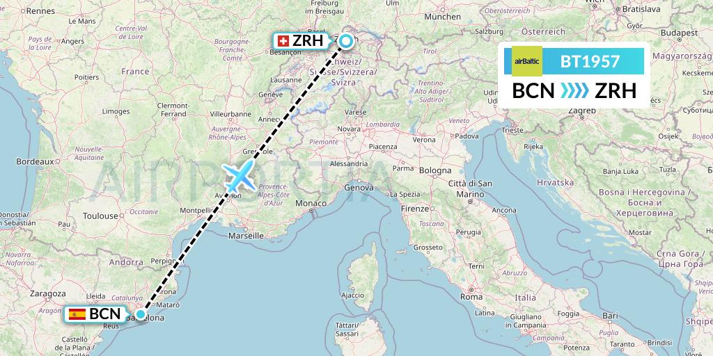 BT1957 Air Baltic Flight Map: Barcelona to Zurich