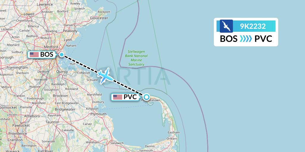 9K2232 Cape Air Flight Map: Boston to Provincetown