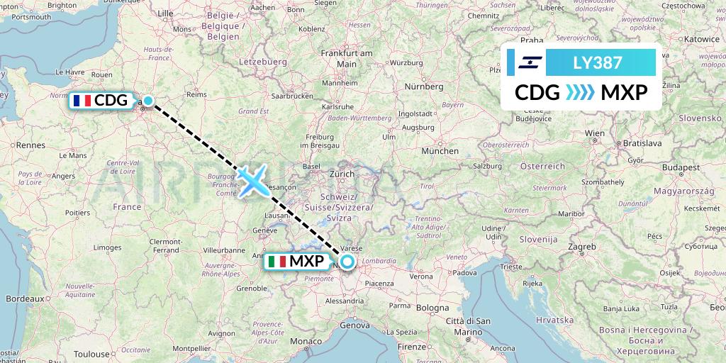 LY387 El Al Flight Map: Paris to Milan