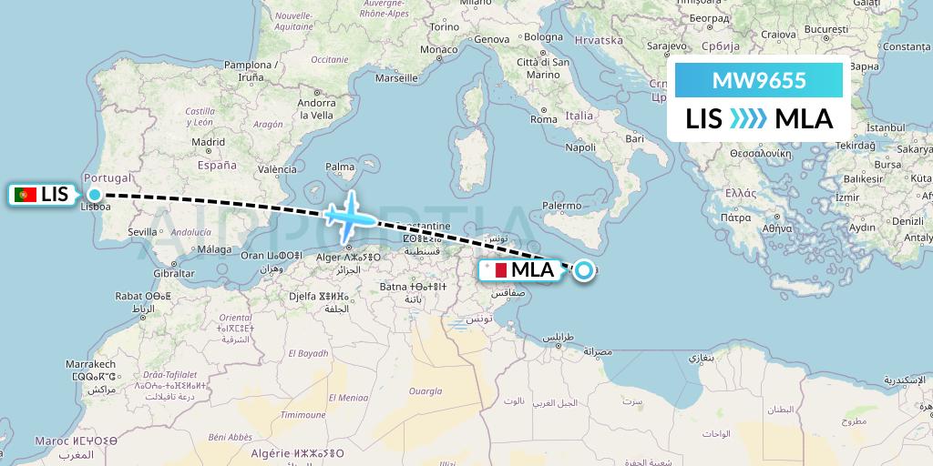 MW9655 Mokulele Flight Service Flight Map: Lisbon to Malta