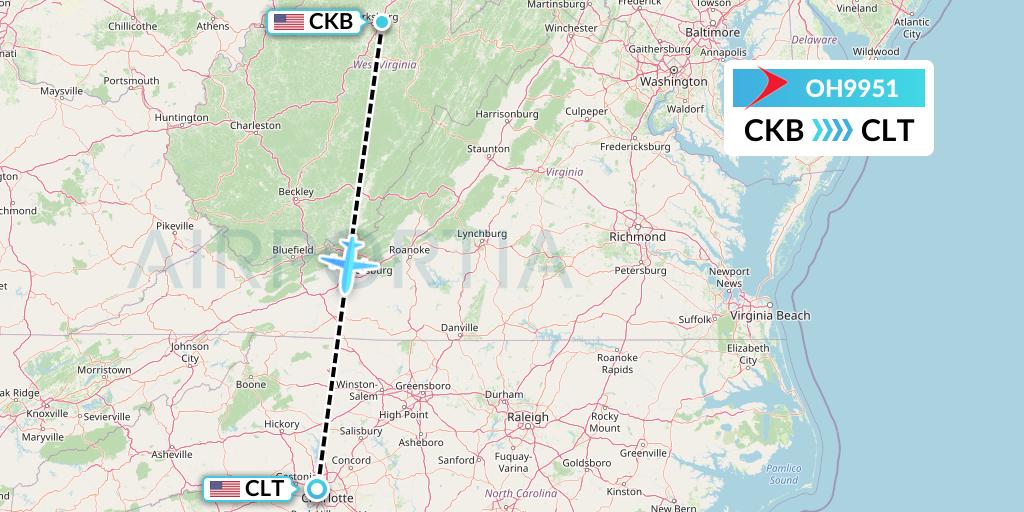 OH9951 PSA Airlines Flight Map: Clarksburg to Charlotte