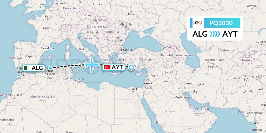 PQ3030 SkyUp Airlines Flight Map: Algiers to Antalya