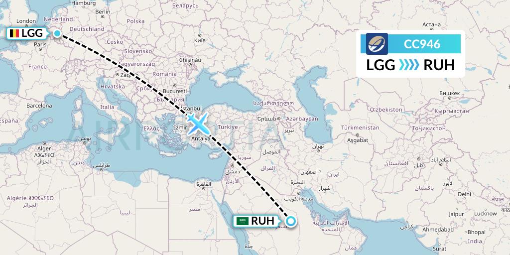 CC946 CM Airlines Flight Map: Liege to Riyadh