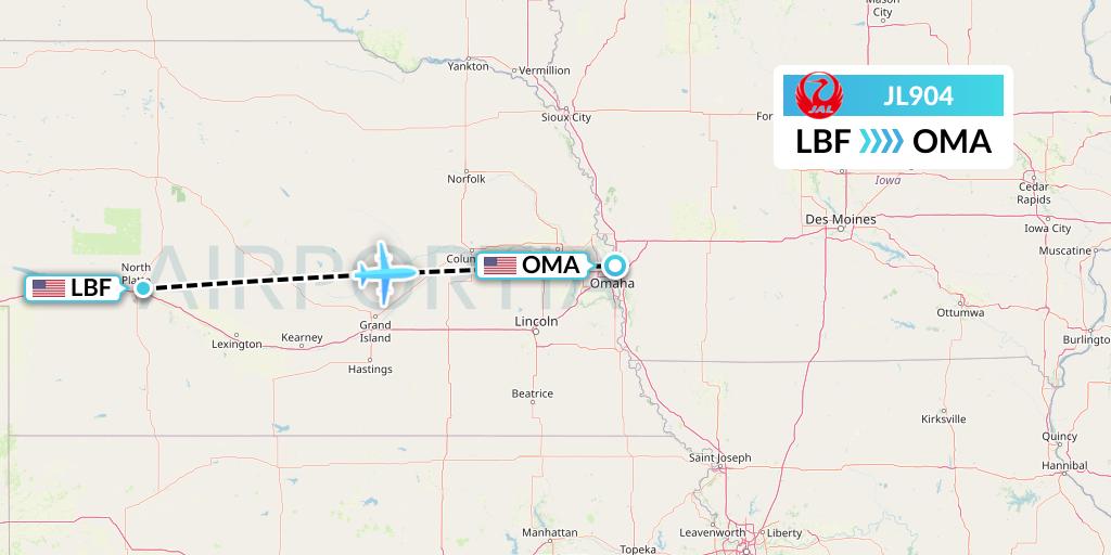 JL904 Japan Airlines Flight Map: North Platte to Omaha