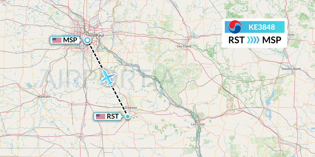 KE3848 Korean Air Flight Map: Rochester to Minneapolis