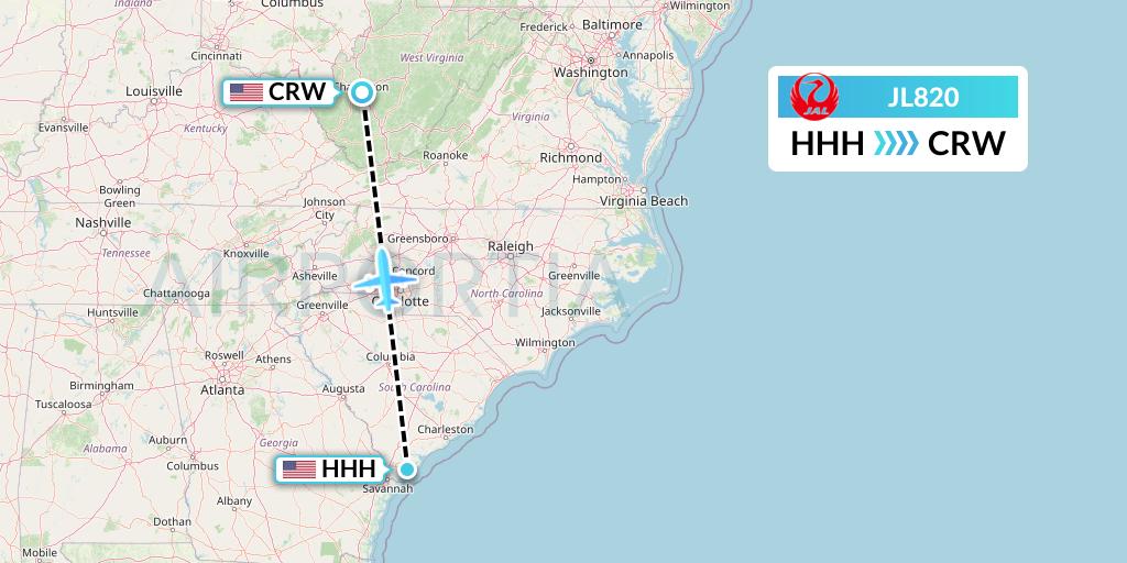 JL820 Japan Airlines Flight Map: Hilton Head Island to Charleston