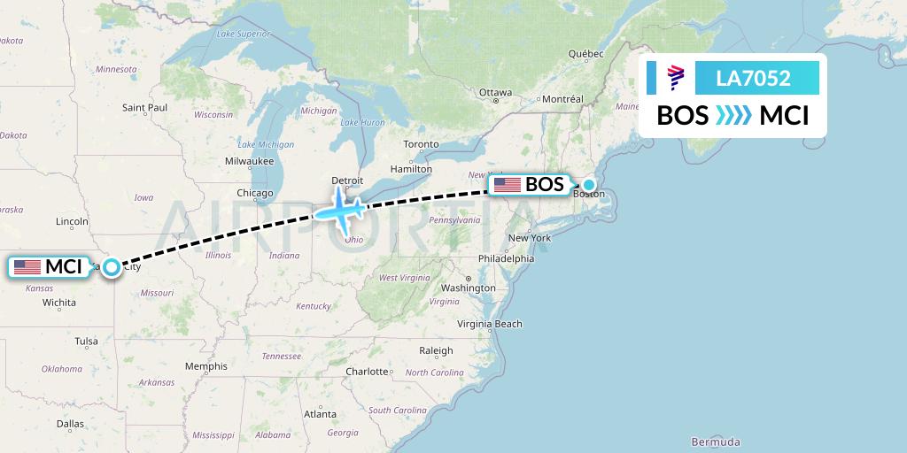 LA7052 LAN Airlines Flight Map: Boston to Kansas City