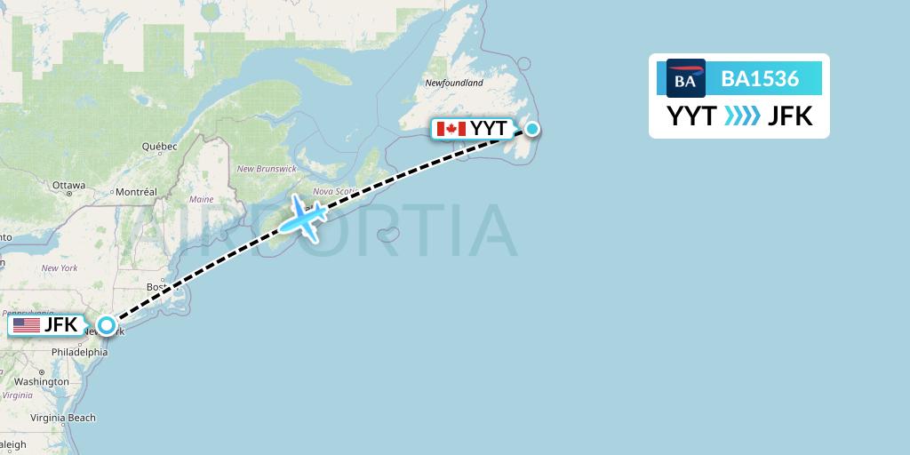 BA1536 British Airways Flight Map: St. John's to New York
