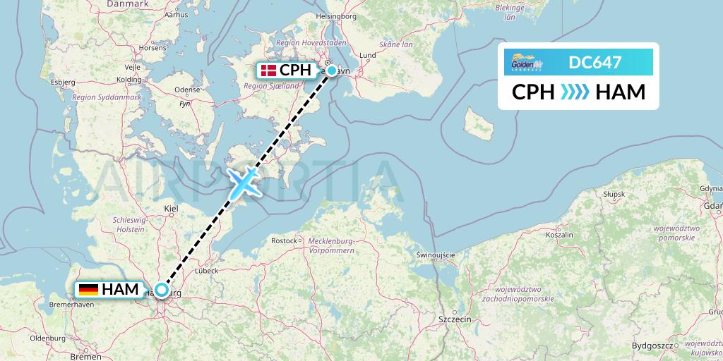 DC647 Braathens Regional Flight Map: Copenhagen to Hamburg