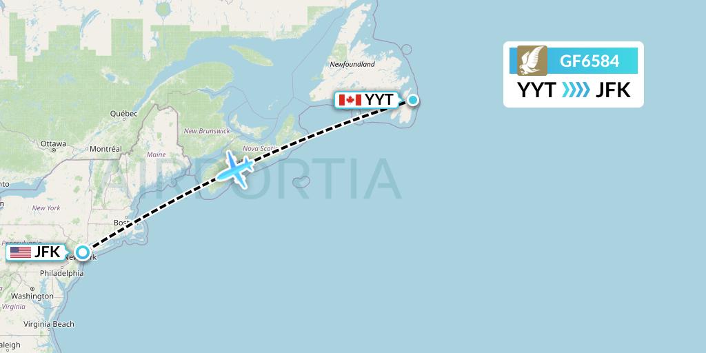 GF6584 Gulf Air Flight Map: St. John's to New York