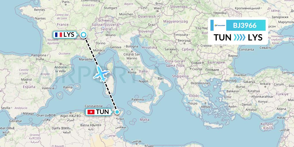 BJ3966 Nouvelair Tunisie Flight Map: Tunis to Lyon