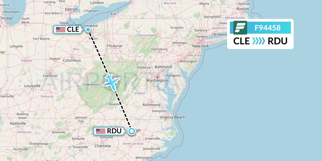 F94458 Frontier Airlines Flight Map: Cleveland to Raleigh-Durham