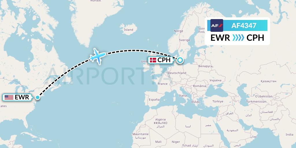 AF4347 Air France Flight Map: New York to Copenhagen