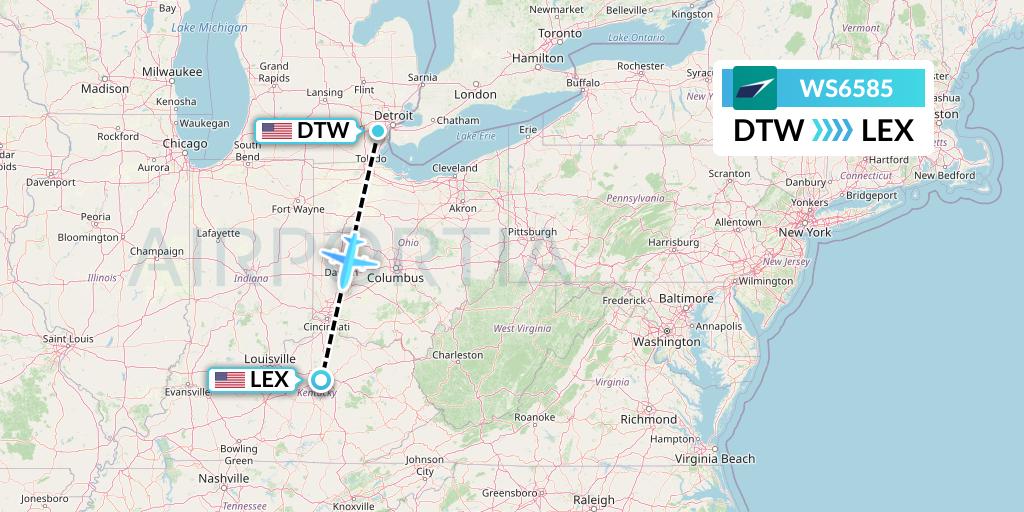 WS6585 WestJet Flight Map: Detroit to Lexington