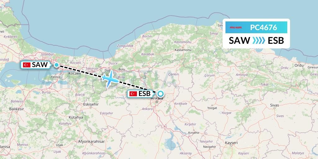 PC4676 Pegasus Airlines Flight Map: Istanbul to Ankara