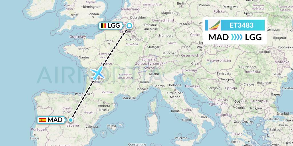 ET3483 Ethiopian Airlines Flight Map: Madrid to Liege