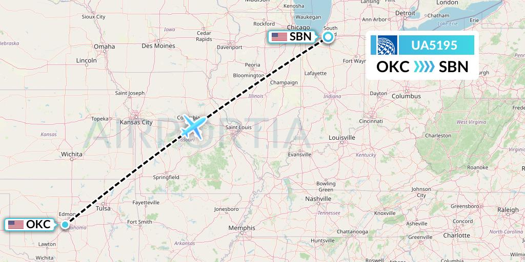 UA5195 United Airlines Flight Map: Oklahoma City to South Bend