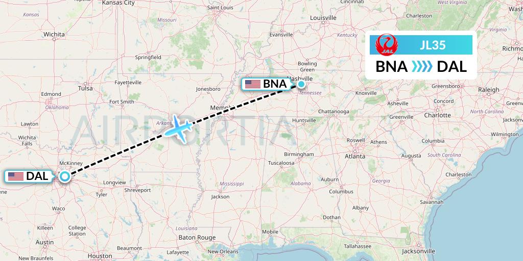 JL35 Japan Airlines Flight Map: Nashville to Dallas