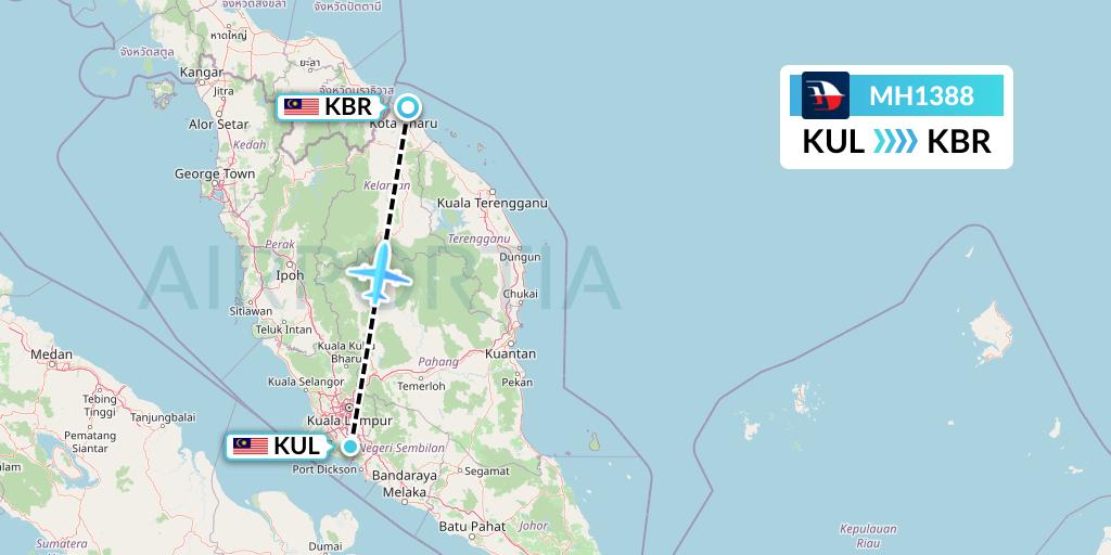 MH1388 Malaysia Airlines Flight Map: Kuala Lumpur to Kota Bharu