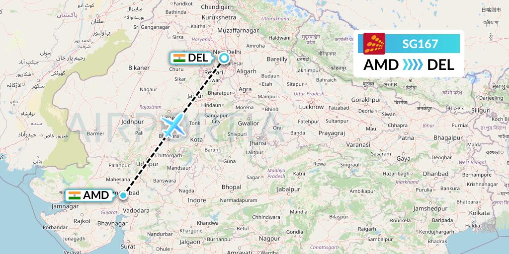 SG167 SpiceJet Flight Map: Ahmedabad to Delhi