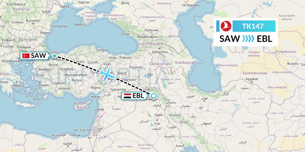 TK147 Turkish Airlines Flight Map: Istanbul to Arbil