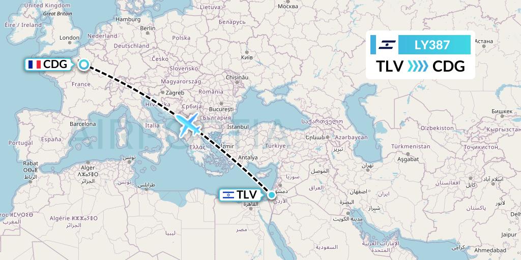 LY387 El Al Flight Map: Tel Aviv to Paris