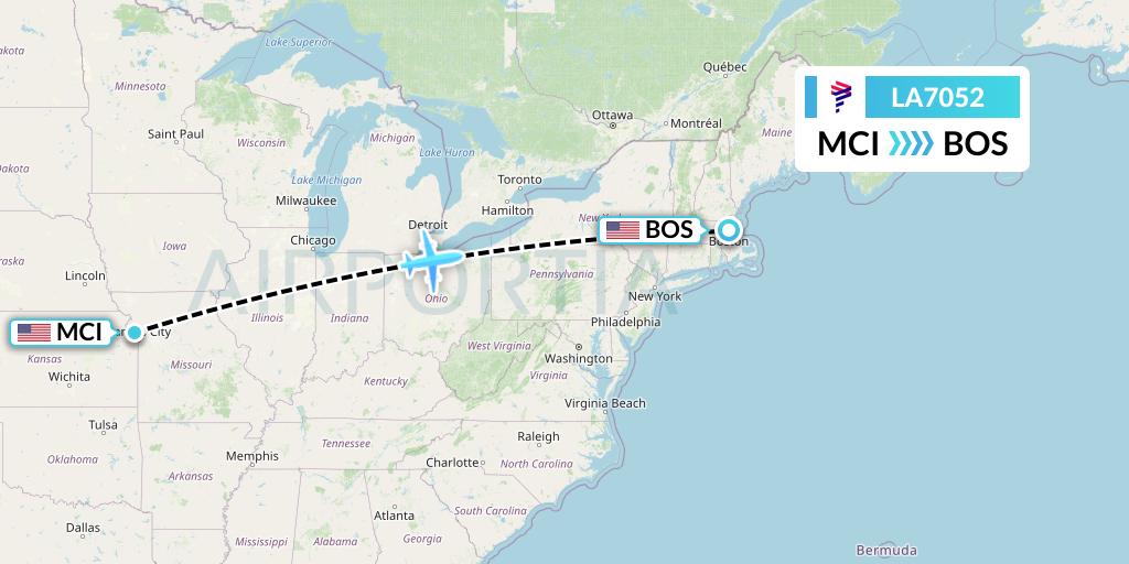 LA7052 LAN Airlines Flight Map: Kansas City to Boston