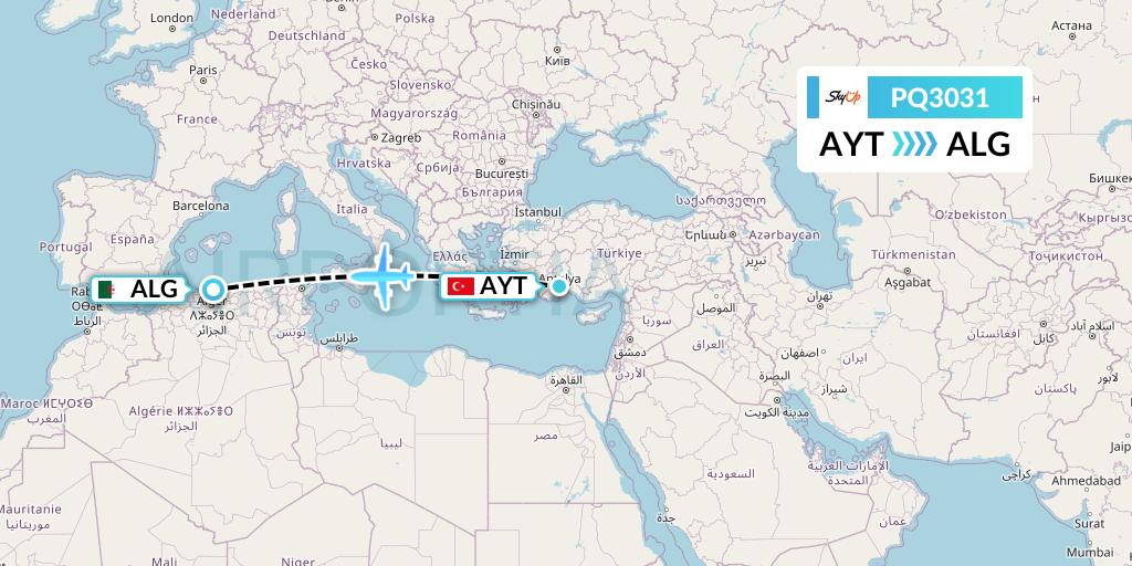 PQ3031 SkyUp Airlines Flight Map: Antalya to Algiers