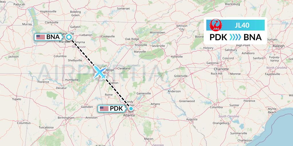 JL40 Japan Airlines Flight Map: Atlanta to Nashville
