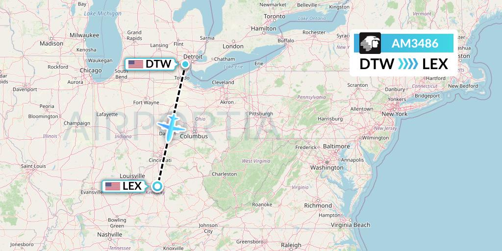 AM3486 Aeromexico Flight Map: Detroit to Lexington