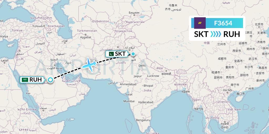 F3654 flydeal Flight Map: Sialkot to Riyadh