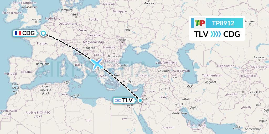 TP8912 TAP Portugal Flight Map: Tel Aviv to Paris