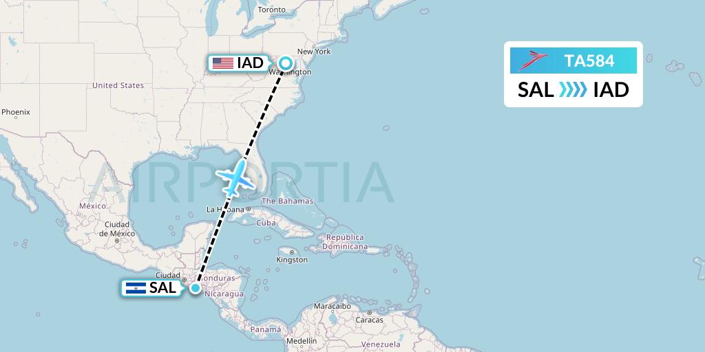 TA584 TACA Airlines Flight Map: San Salvador to Washington