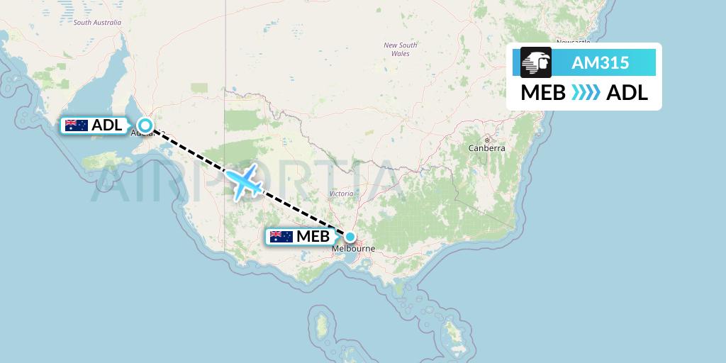 AM315 Aeromexico Flight Map: Essendon to Adelaide