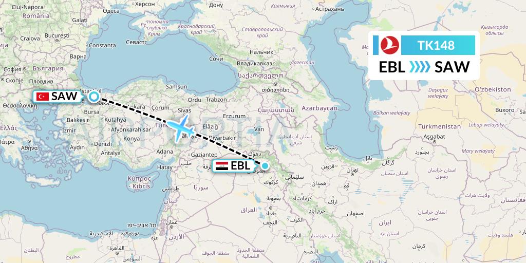 TK148 Turkish Airlines Flight Map: Arbil to Istanbul