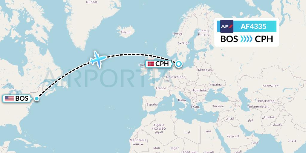 AF4335 Air France Flight Map: Boston to Copenhagen
