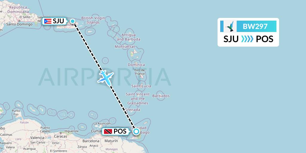 BW297 Caribbean Airlines Flight Map: San Juan to Port of Spain