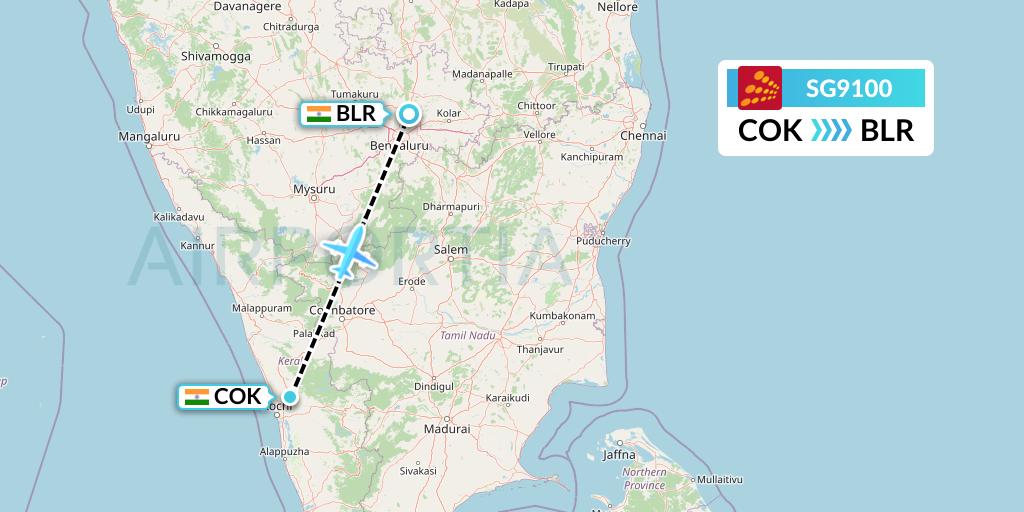 SG9100 SpiceJet Flight Map: Cochin to Bangalore