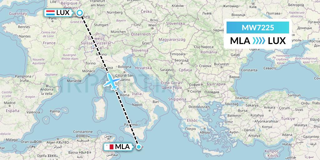 MW7225 Mokulele Flight Service Flight Map: Malta to Luxembourg